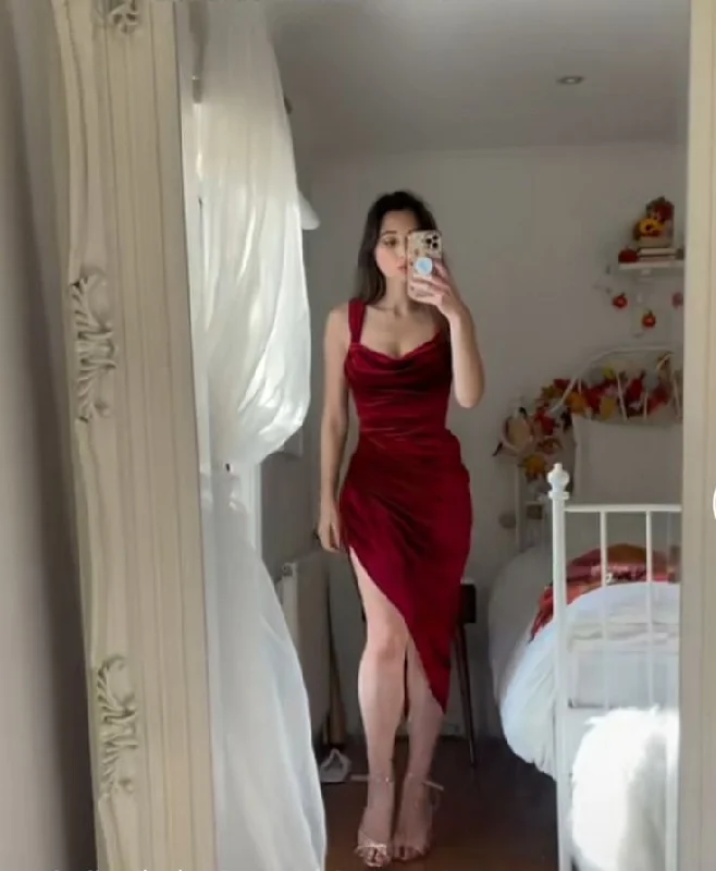 Burgundy Sheath Short Party Dress Simple Prom Dress       cg25215 Tunics Sophisticated sleek