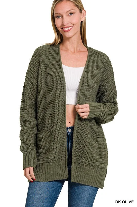 Find Your Roots Dark Olive Waffle Knit Pocket Cardigan Print Jacquard Patchwork