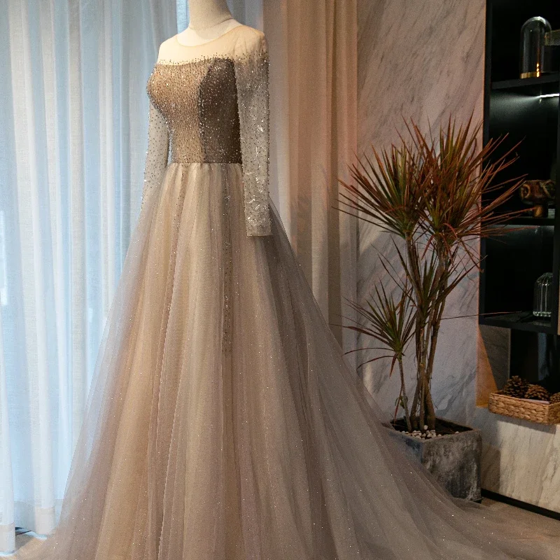 Light Grey Beaded Long Sleeves Fashionable Tulle Evening Dress, Tulle Grey Prom Dress Party Dress   cg21723 Tunics Top rated