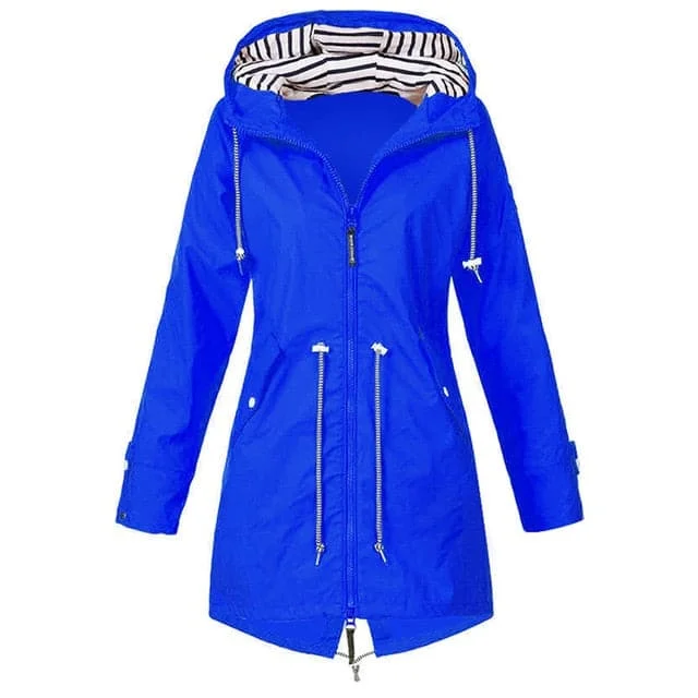 RTSHINE Women's Fashion Stylish Royal Blue Hooded Light Jacket Raincoat Zipper Jacket Zippered Front Buttoned Front Snap Front