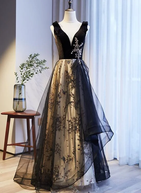 Black V-Neckline Velvet And Tulle New Style Prom Dress, Black Party Dress Evening Dresss    cg22378 Tunics Print Colorful