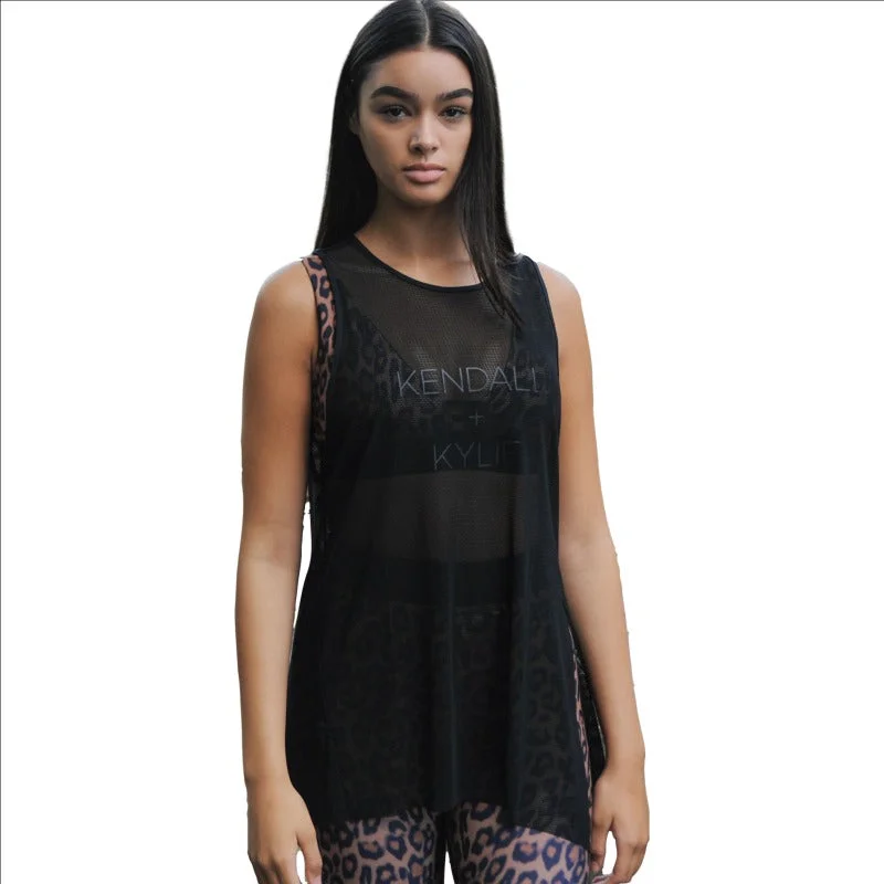 Women's Black Mesh Knotted Tank layering tank top