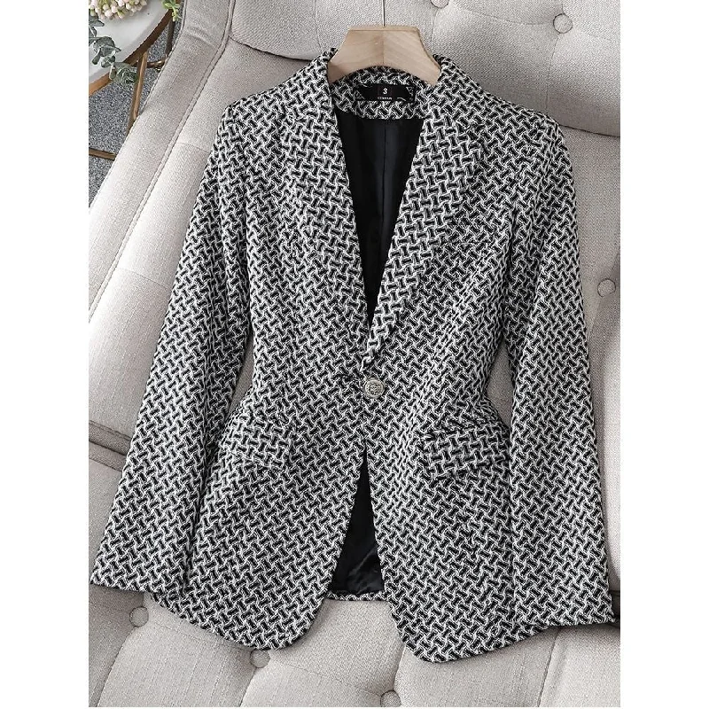 CAROLINE SUITS Women's Elegant Stylish Fashion Office Professional Woven Black Plaid Blazer Jacket Fleece Jacket Down Jacket Parka