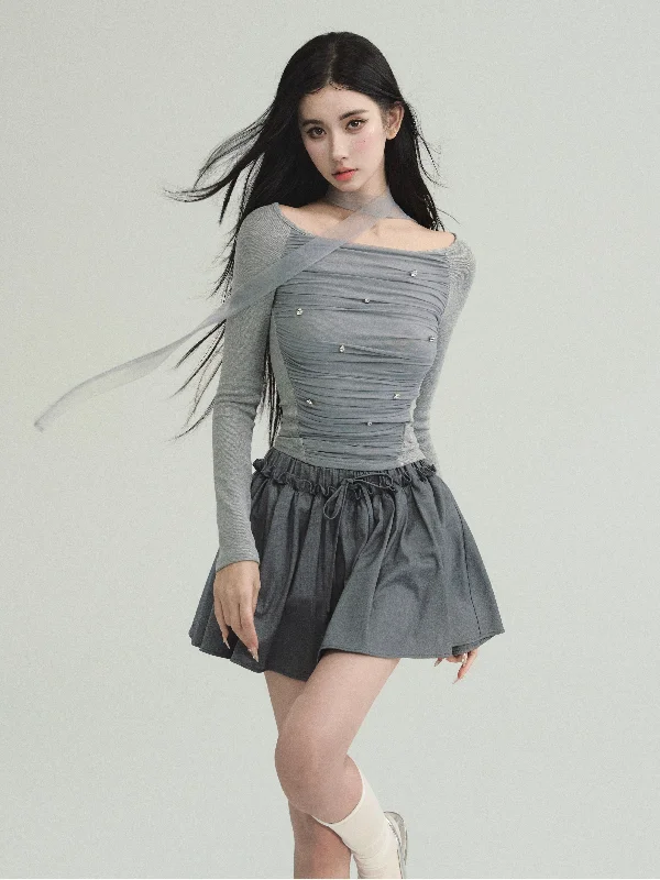 Night Sea Star Simple Pleated Long-sleeved Top/Skirt FRA0197 maxi skirt elegant