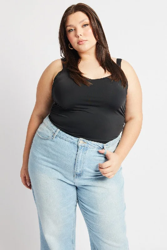 Black Tank Top V Neck Side Ruched long tank top