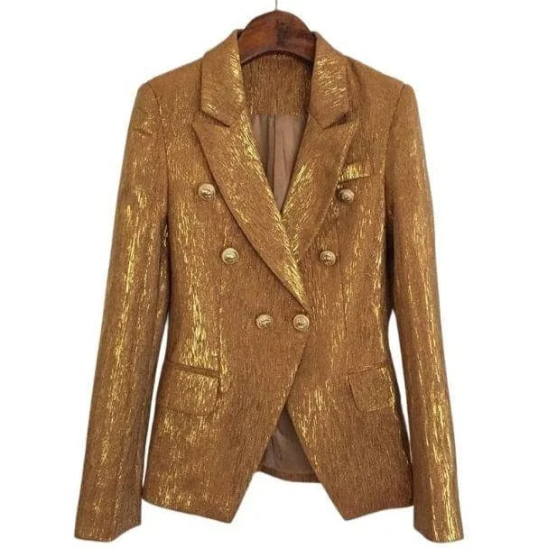ZEON Design Women's Fashion Double Breasted Shimmering Golden Blazer Jacket Cotton Jacket Linen Jacket Terry Jacket