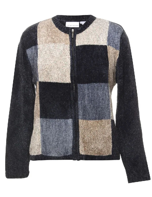 Checked Cardigan - L Solid Print Embellished