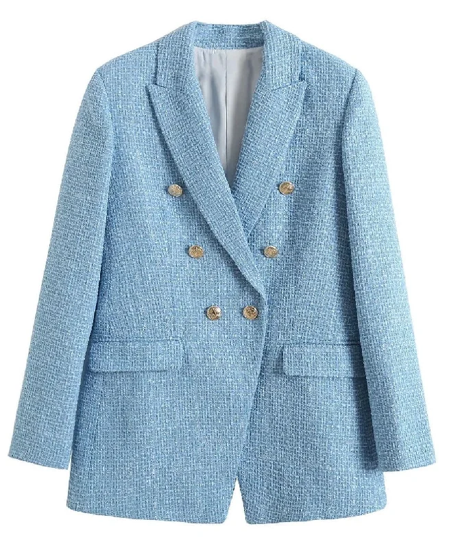MING SUITS Women's Elegant Stylish Fashion Office Professional Woven Plaid Light Blue Sky Blue Blazer Jacket Notch Collar Peter Pan Collar Cowl Neck