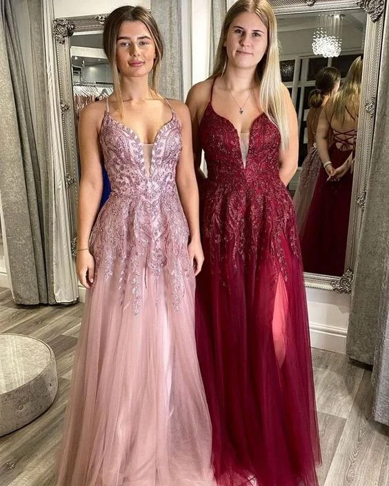 Charming A Line V Neck Spaghetti Straps Blush Lace Prom Dresses, Party Dresses    cg20872 Tunics Yoga stretchy