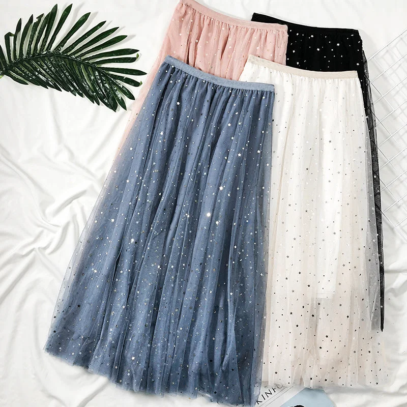 Summer New Ins Fairy High Waist Mid-length Star Moon Half-length Tulle Skirt linen skirt breathable