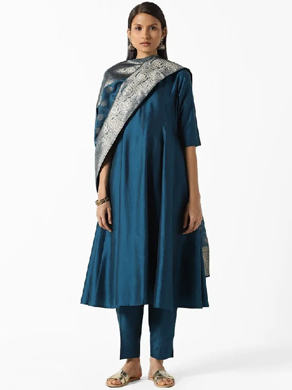 Vark Solid Navy Anarkali Kurta, Pants and Zari Dupatta Set Classic Chino Pants