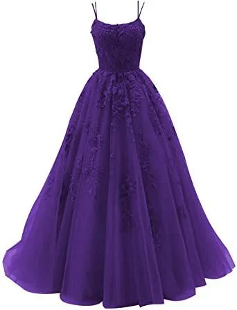 Spaghetti Strap Prom Dresses Long Tulle Lace Appliques Princess Birthday Party Dress Purple    cg24943 Tunics Running lightweight