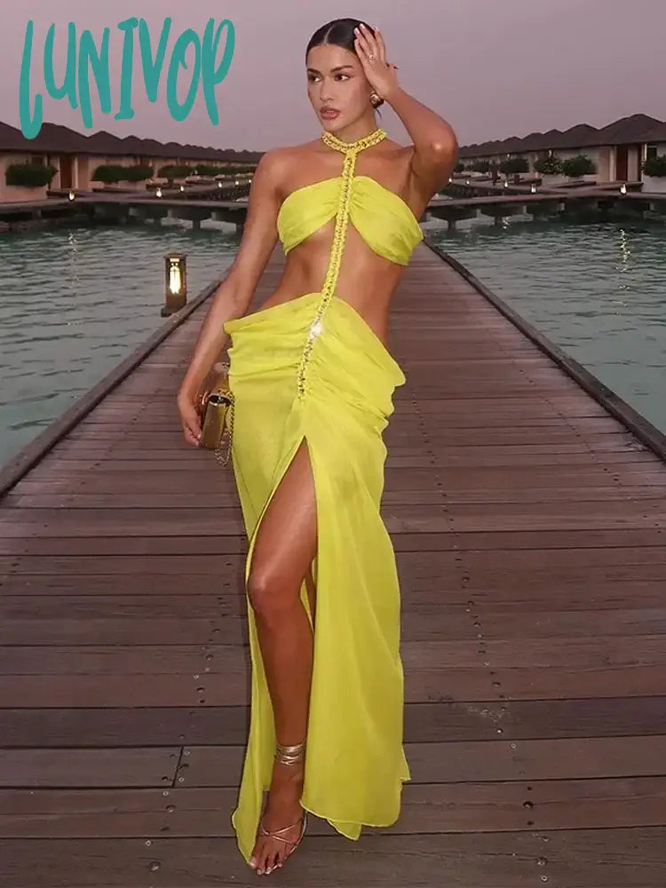 Lunivop Fashion Fish Bone Chain Woven Dress For Women Sexy Off Shoulder Hollow Out Maxi Sling Robe 2024 Summer Lady Beach Party Dresses Tunics Essential wardrobe