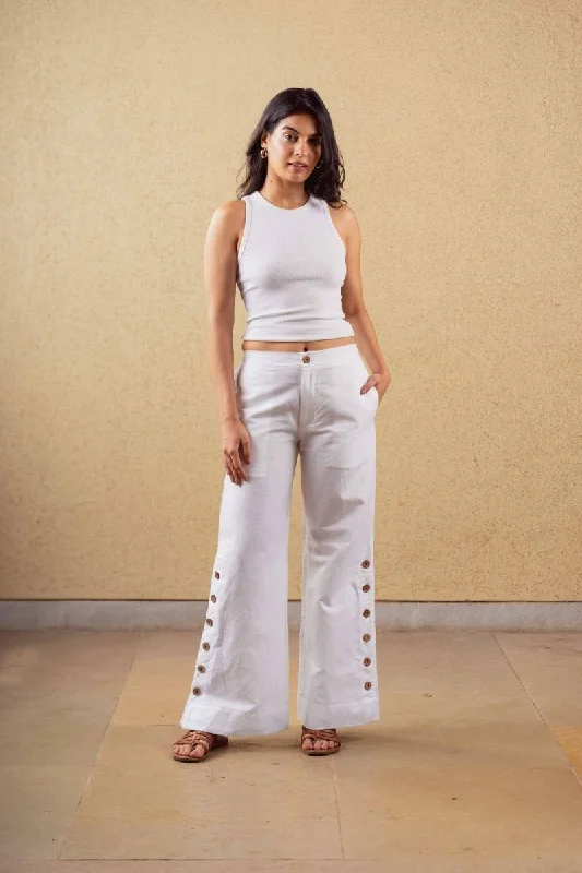 Marigold Pants - White - Hemp Tencel Fashionable Button-Up Pants