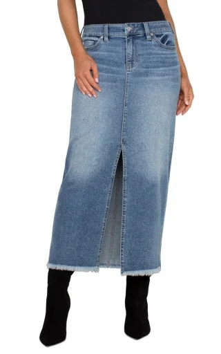 5-Pkt Front Slit Maxi Skirt W/ Fray Hem 34.5ins denim skirt trendy