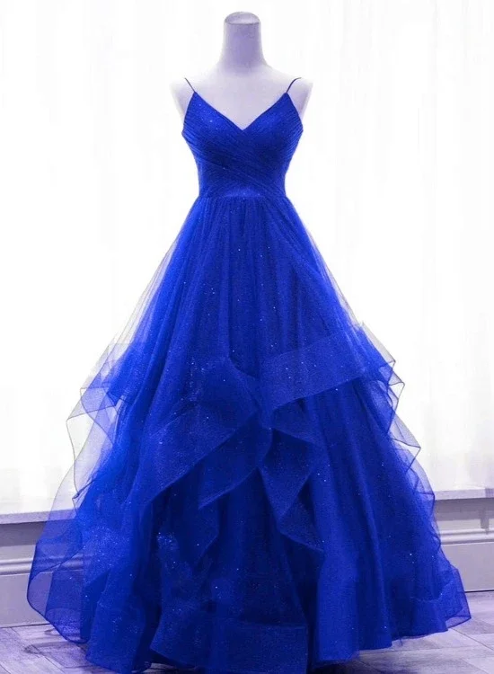 Royal Blue Shiny Tulle V-Neckline Straps Long Party Dress, A-Line Tulle Prom Dress Evening Dress   cg21830 Tunics Designer luxury
