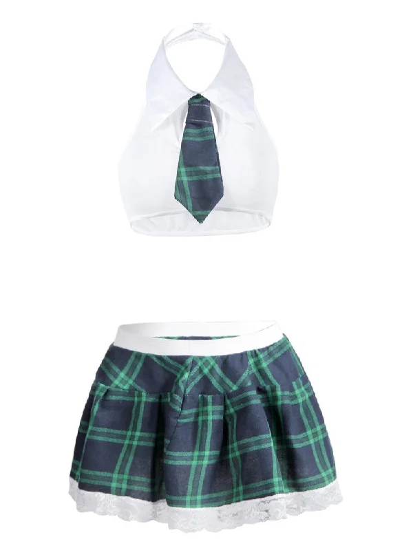 White Halter Tank Tops & Plaid Skirt Lingerie Set flowy tank top