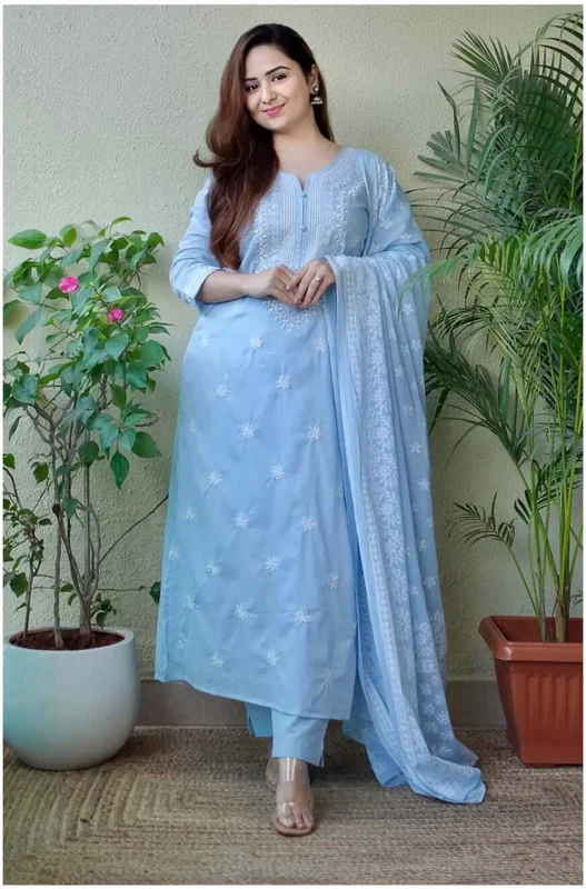 Women's Sky Blue Viscose Embroidered Floral Kurta Pant With Dupatta - Malishka Export Chic Black Leggings