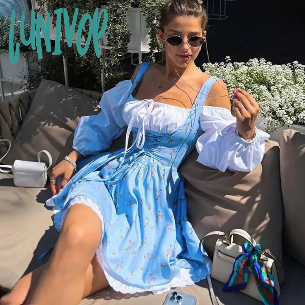 Lunivop Puff Sleeve Suspender Dress Women Fake Two Pieces Flower Strapless Ruffles Splice Long Sleeve Lace Up Party Dress Summer Tunics Evening elegant Lunivop Puff Sleeve Suspender Dress Women Fake Two Pieces Flower Strapless Ruffles Splice Long Sleeve Lace Up Party Dress Summer Tunics Evening elegant