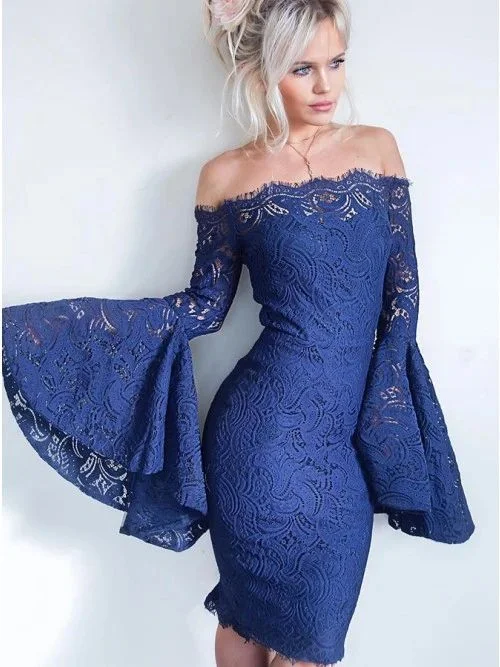 Off the Shoulder Lace Sheath Party Dress with Bell Sleeves Prom Dresses     cg22048 Tunics Evening elegant