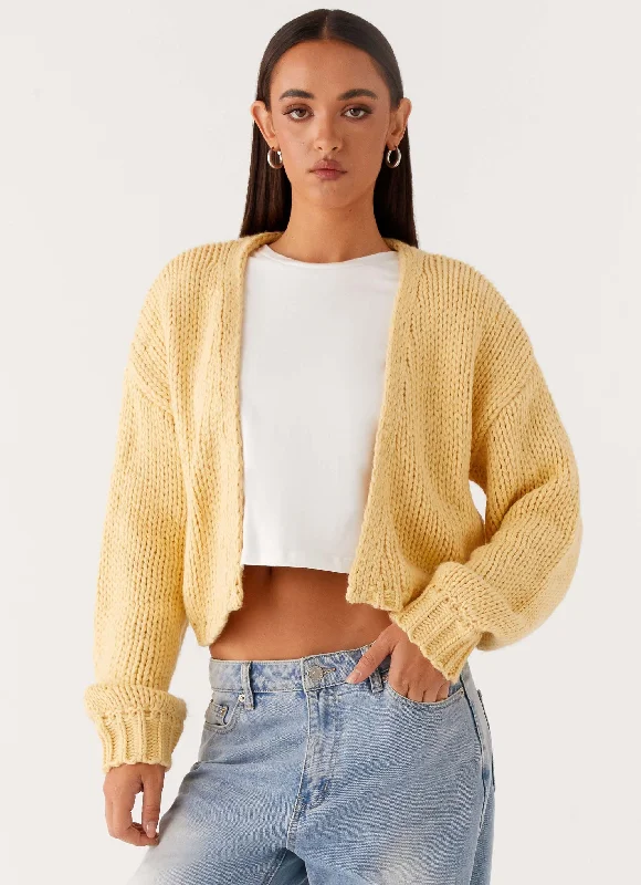 Jasleen Knit Cardigan - Yellow Notch Collar Peter Pan Collar Cowl Neck