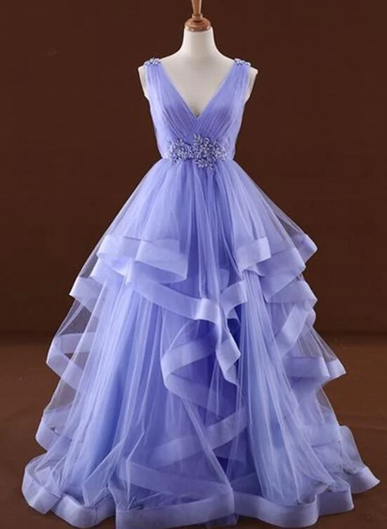 Lavender Tulle V-Neckline Layers Long Sweet 16 Dress, Light Purple Prom Dress Party Dress   cg19681 Shift Classic Vintage