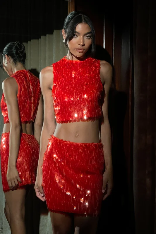 Savannah Sequin Mini Skirt - Firey Orange satin skirt smooth