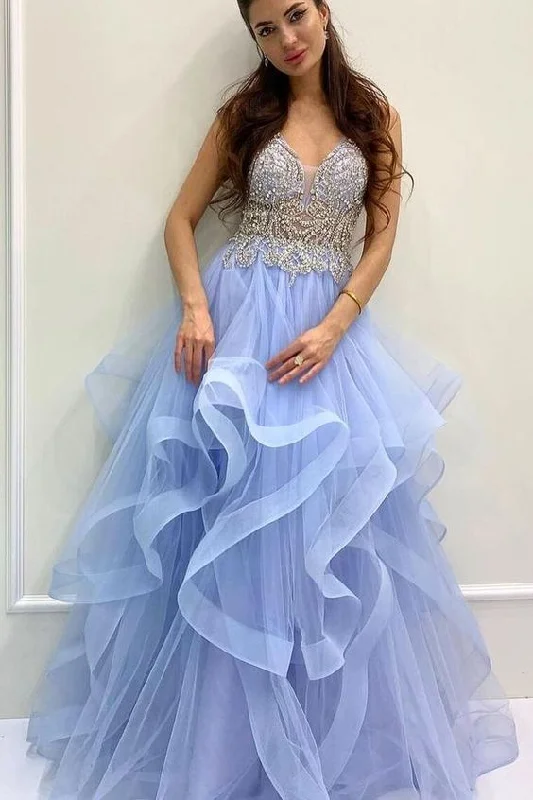 beaded A-line blue tiered long formal prom dress party dress    cg20386 Tunics Sophisticated sleek