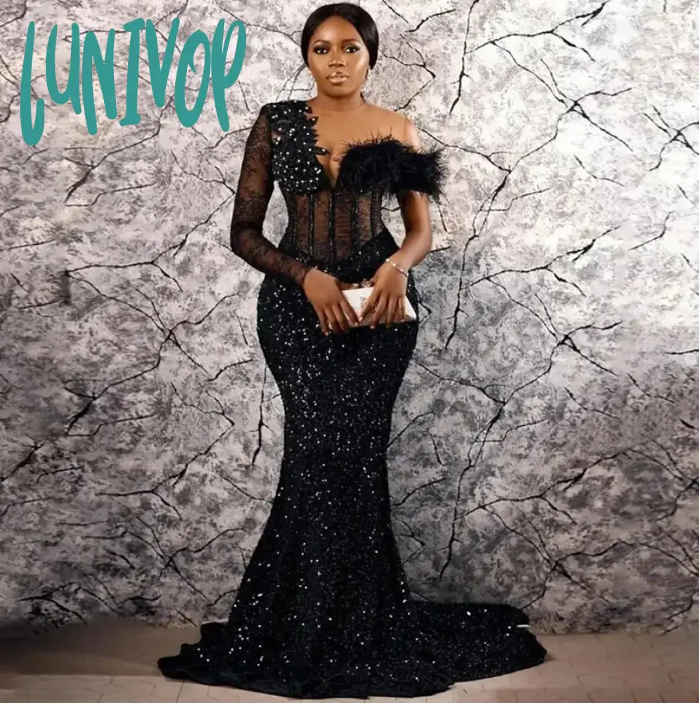 Lunivop Long sleeved Black Mermaid Sexy Formal Luxury Evening Dress Feather Crystal Beads Sequins Party Dress One Shoulder 2024 Tunics Lace romantic