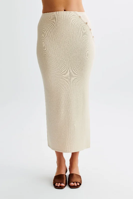Maisie Buttoned Knit Maxi Skirt - Cream ribbed skirt waist
