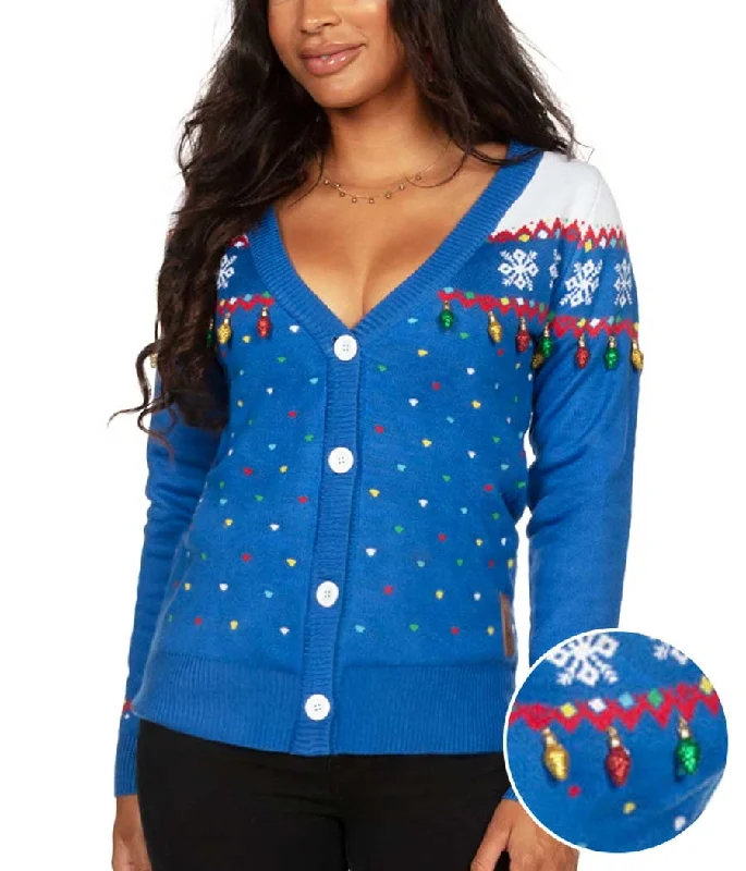 Women's Blue Christmas Lights Cardigan Sweater Solid Print Embellished