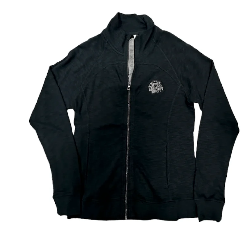 Women's Chicago Blackhawks Full Zip Black Down The Middle Faux Show Text Crew Jacket Front Pockets Side Pockets Patch Pockets