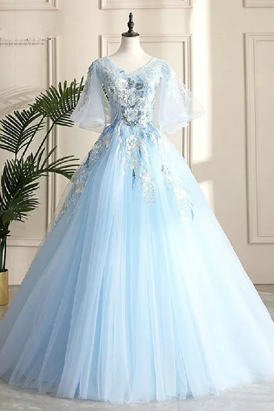Floor Length Blue Evening Party Dress School V-neck Lace Flowers Lace-up Back Fashionable Long Prom Dress Ball Gown   cg13884 Boat Neckline Classic