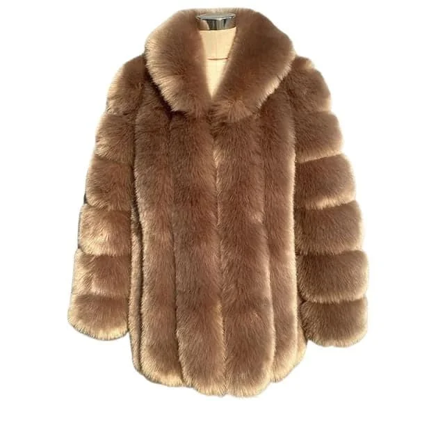 HQL Design Women's Fine Fashion Premium Quality Elegant Light Brown Caramel Faux Fur Collar Coat Jacket Striped Jacket Polka Dot Jacket Floral Jacket