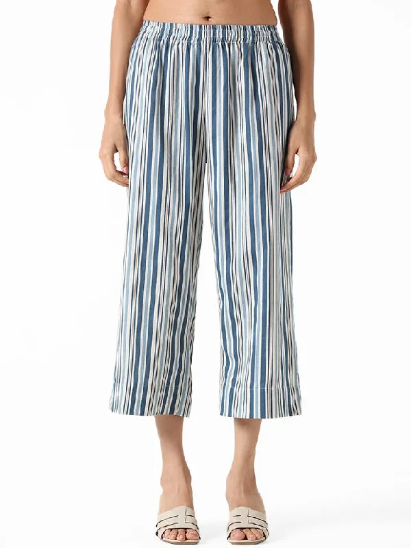 Utsa Indigo and White Striped Straight Pants Formal Dress Pants