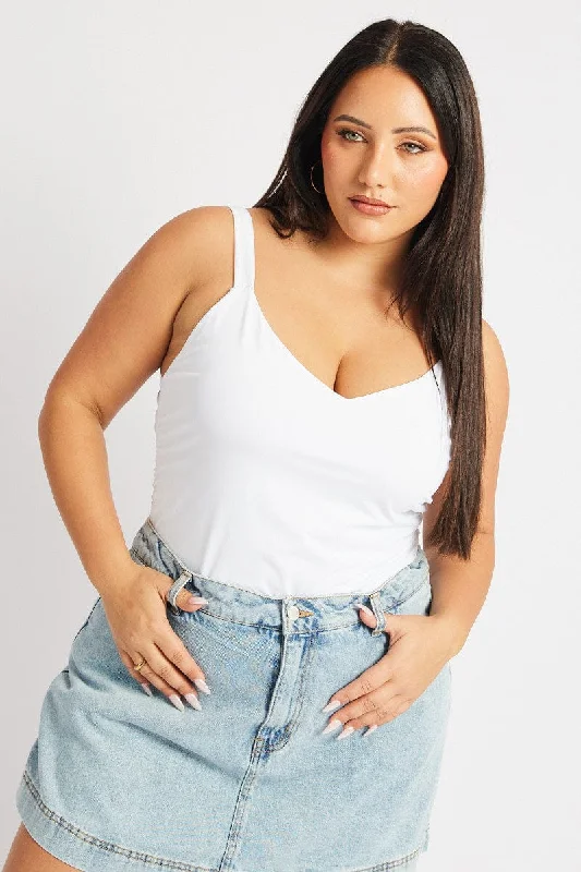 White Tank Top V Neck Side Ruched lace back tank