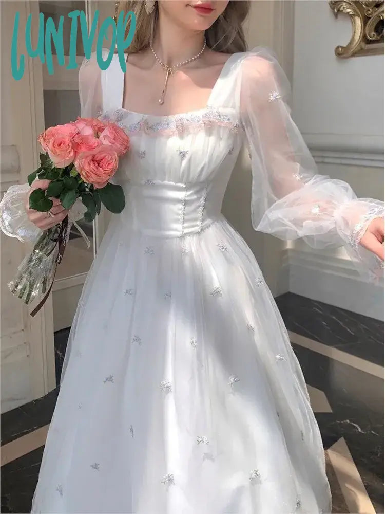 Lunivop Autumn Spring White Mesh Fairy Dress Woman French Vintage Embroidery Floral Flare Sleeve Princess Party Dresses Vestido Blanco Tunics Favorite customer