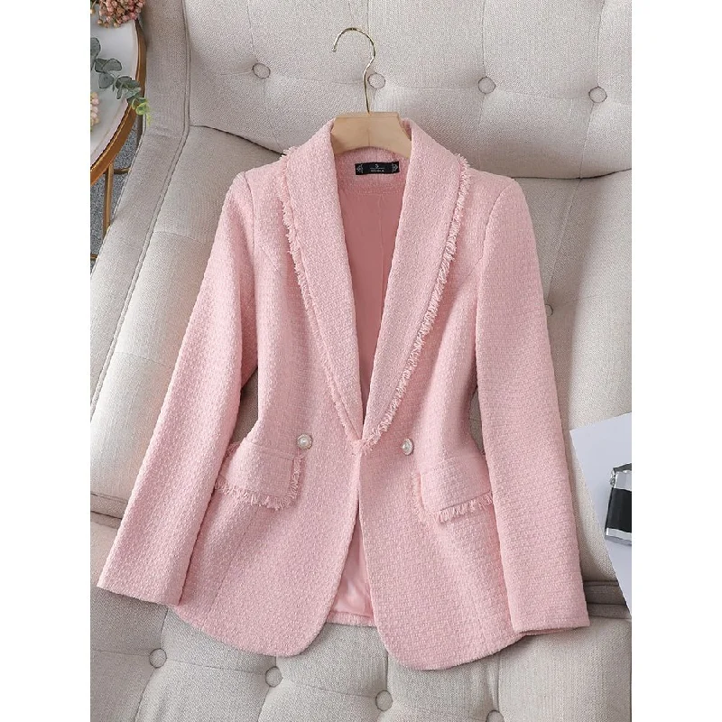 CAROLINE SUITS Women's Elegant Stylish Fashion Office Professional Woven Pink Plaid Blazer Jacket Jersey Jacket Tulle Jacket Batik Jacket