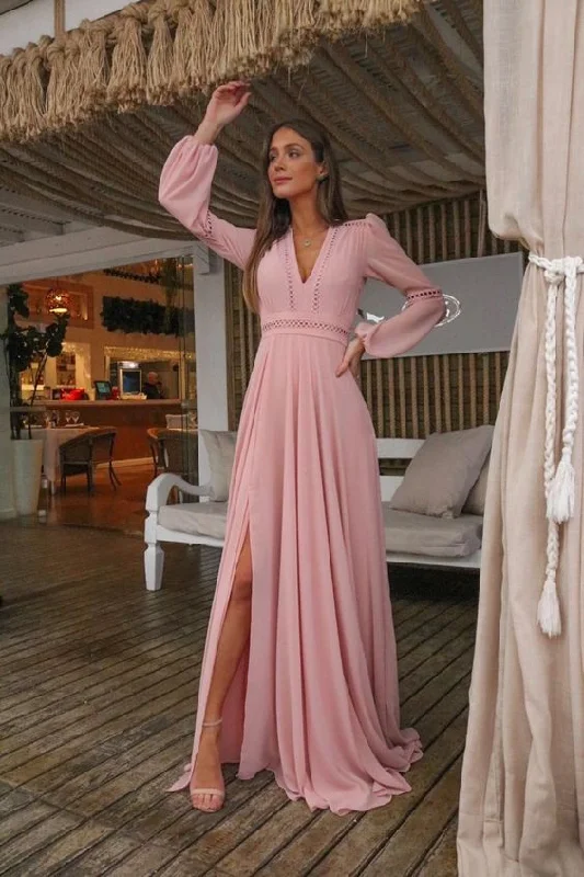 V Neck Long Sleeves Pink Holiday Dress with Appliques, Split Evening Party Dress Prom Dresses     cg20129 Mermaid Tail Wedding
