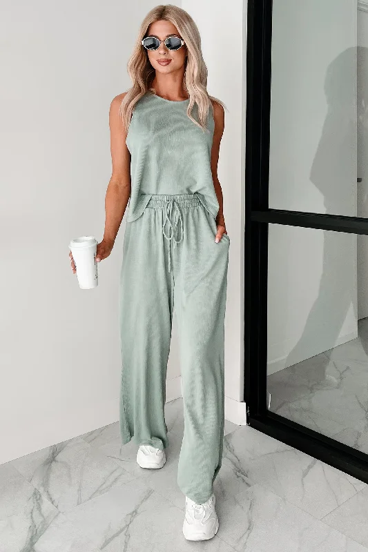 Still As The Stars Two-Piece Ribbed Tank & Pant Set (Sage) sexy tank top
