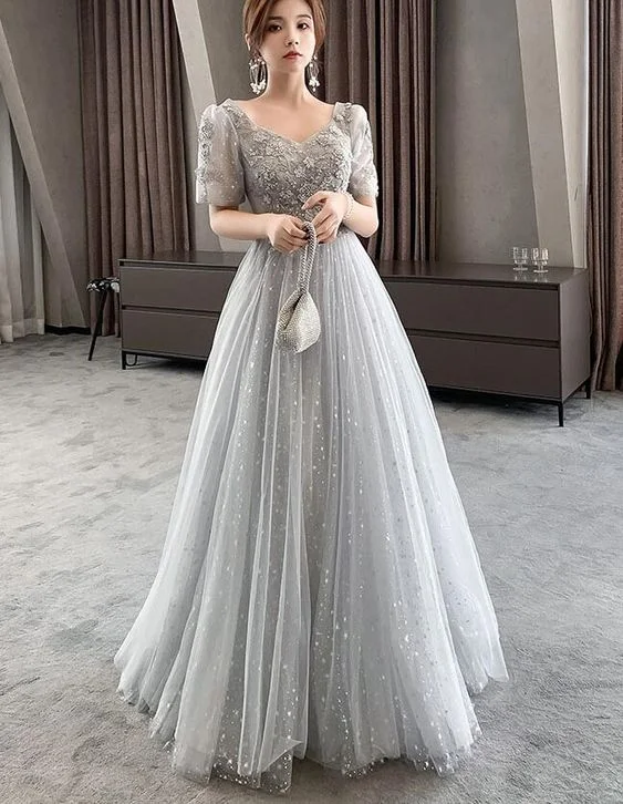 Light Grey Short Sleeves Tulle And Lace Lovely Party Dress, Long Tulle Prom Dress    cg22199 Tunics Trousers formal
