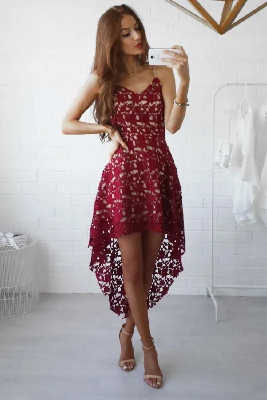High Low Straps Simple Dark Red Lace Homecoming/Party Dresses  PD021 Bodycon Fitted Nightout