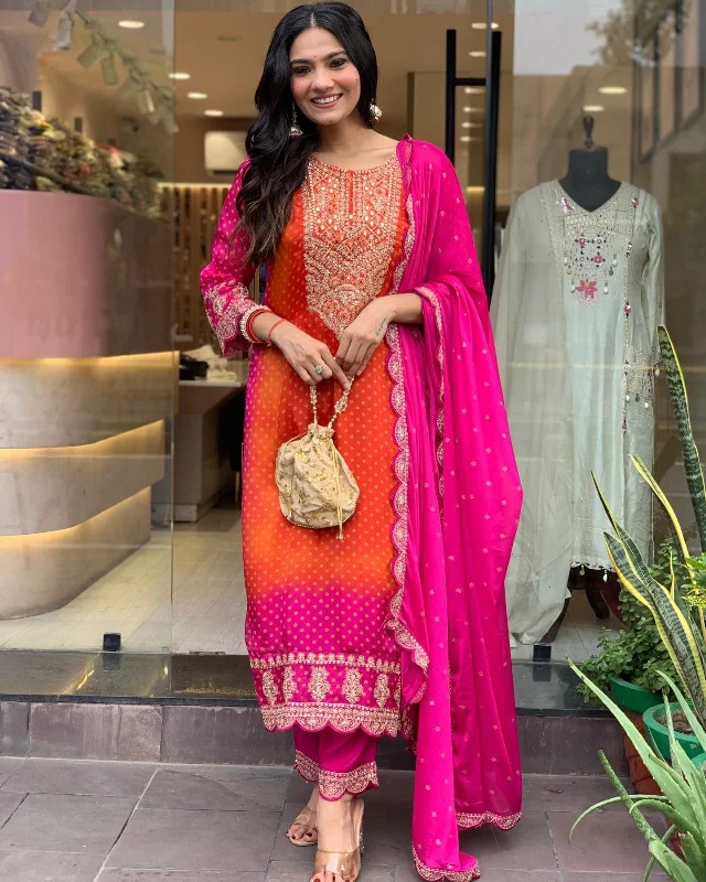 Women's Orange Embroidery Kurta With Pant And Duppata Set - Dwija Fashion Formal Dress Pants