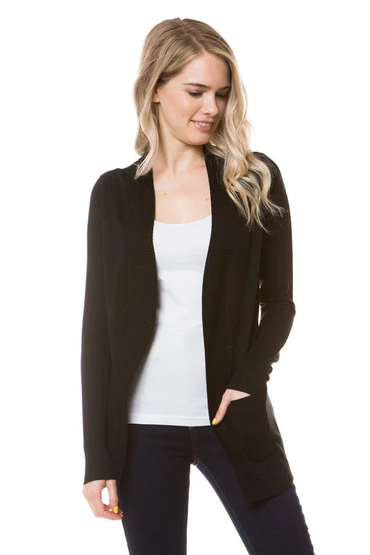 Classy In Classic Black Open Front Knit Cardigan Fitted Slim Tailored