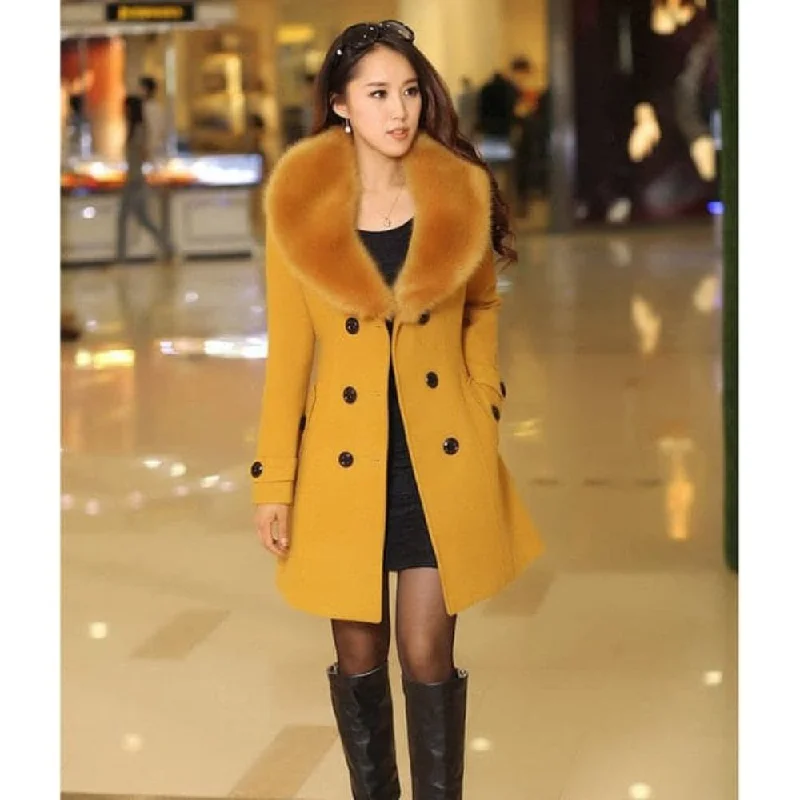 MDG Women's Fine Fashion Golden Yellow Coat Jacket Premium Quality Fur Collar Designer Wool Coat Jacket Knit Fabric Woven Fabric Fleece Fabric