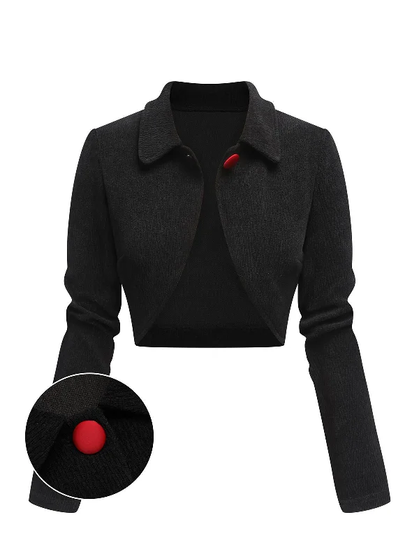 Black 1950s Textured Knitted Crop Jacket Zippered Front Buttoned Front Snap Front