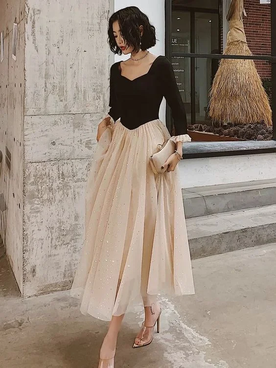 Long Sleeve Prom Dress ,elegant Midi Dress, Black And Champagne Party Dress           cg23628 Tunics Designer luxury