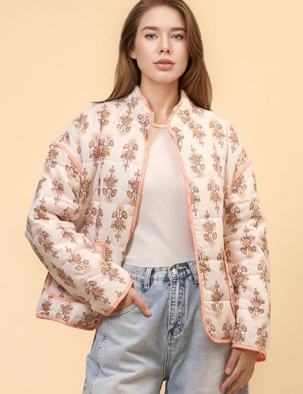 Ladies Floral Printed Cotton-Padded Jacket SKT4662 Denim Fabric Leather Fabric Suede Fabric