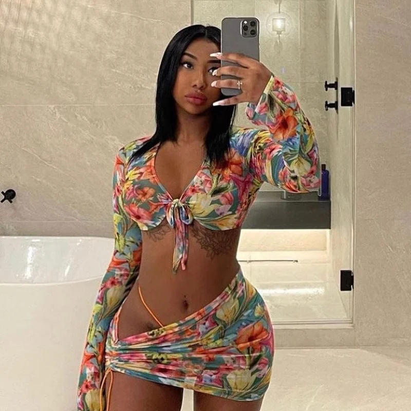 2022 Sexy Print Mesh Women Two Piece Set Crop Top Mini Stacked Skirt Set women short set velvet skirt luxury