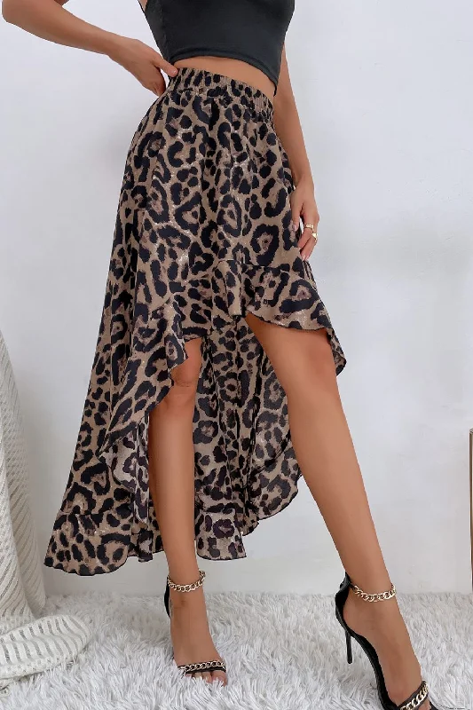Leopard Ruffle Hem High-Low Skirt velvet skirt rich